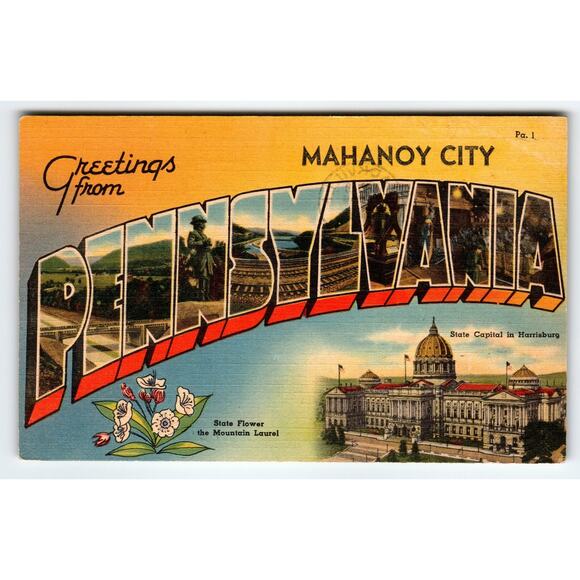 Vintage Large Letter Greetings from Pennsylvania Linen Postcard Mahanoy City - Picture 1 of 2